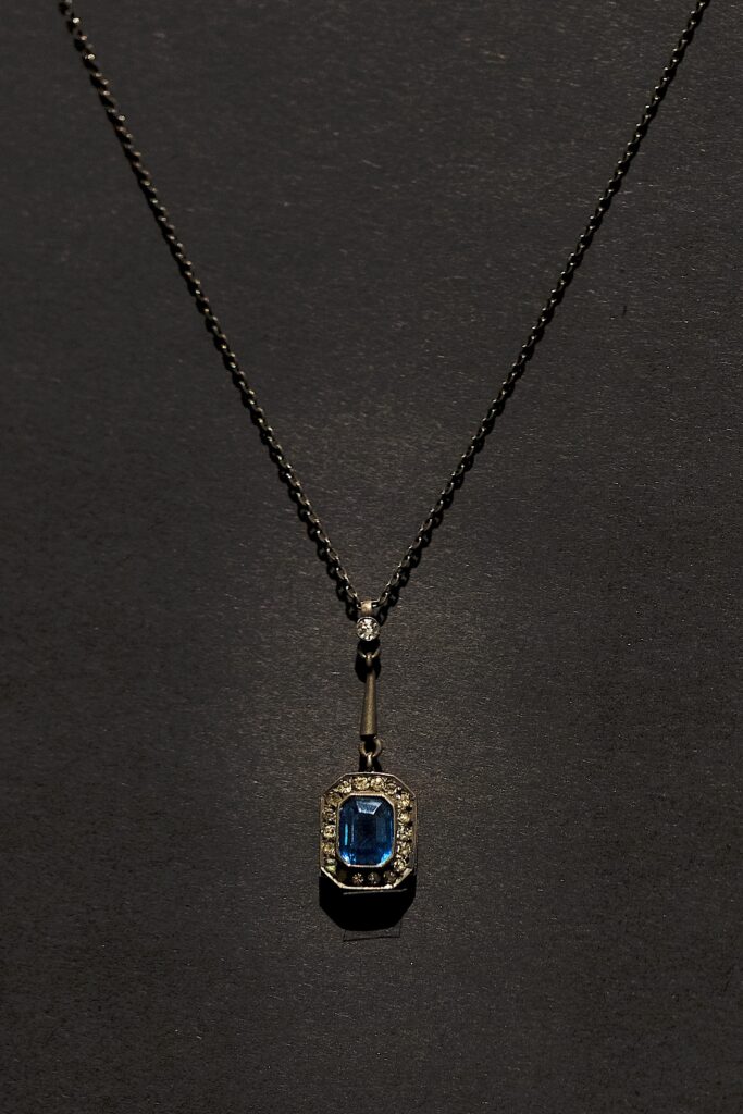 A jeweled necklace on display in “Titanic. The Human Story” inspired the fictional “Heart of the Ocean” necklace featured in James Cameron’s 1997 film “Titanic.”