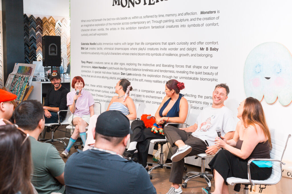 From left, artists Adam Handler, Bibi Lei, Gabriela Noelle Gonzalez, Mr. B Baby and Tony Pharo participate in a artist panel for “Monsters” at West Chelsea Contemporary on Saturday, June 27.