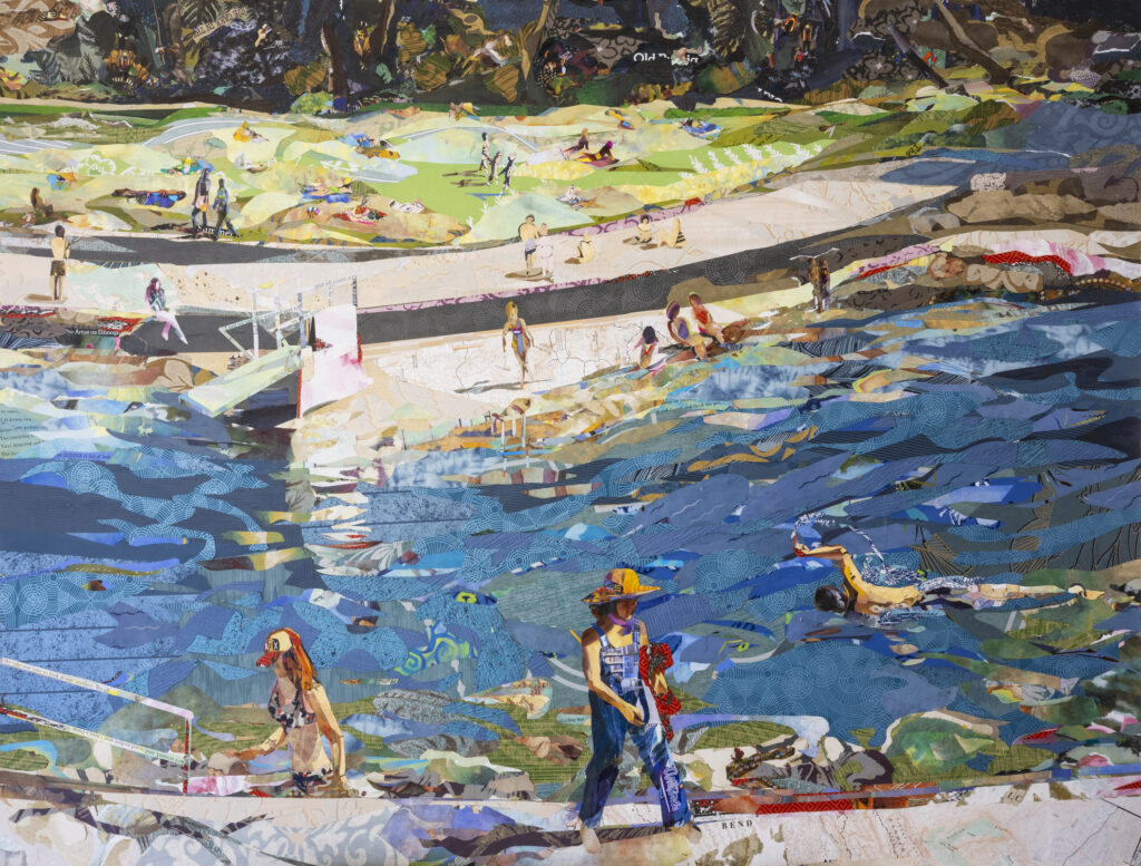 Laurie Carswell’s “A Good Day for a Swim,” a 36-by-48-inch varnished cut paper on panel work from 2024.