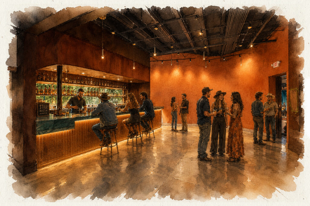 A rendering of the bar inside the Music Room at The Still Austin Quarter.