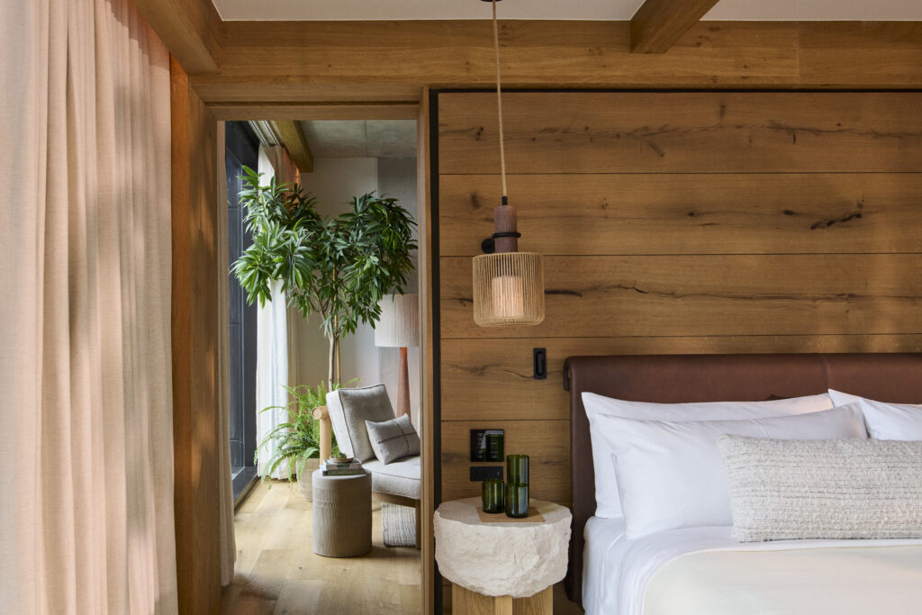 Wood paneled bedroom at 1 Hotel Austin