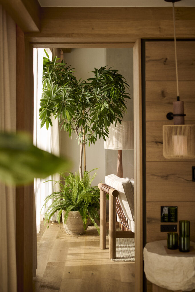 Plants and natural fibers in a suite at 1 Hotel Austin