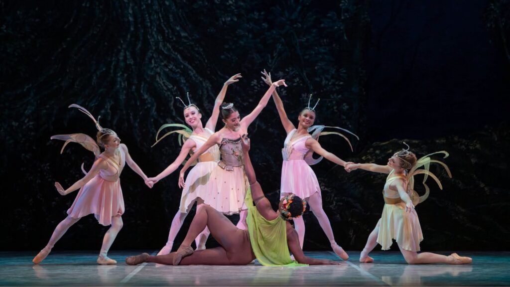 Ballet Austin dancers dressed as fairies on stage in "A Midsummer Night's Dream"
