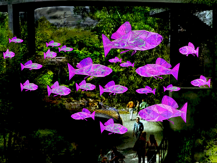 art installation entitled "Fractal Time Fish: Portals of the Confluence" by WarrPaint