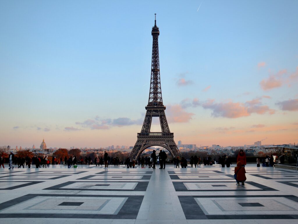 The Eiffel Tower at sundown in Paris, France