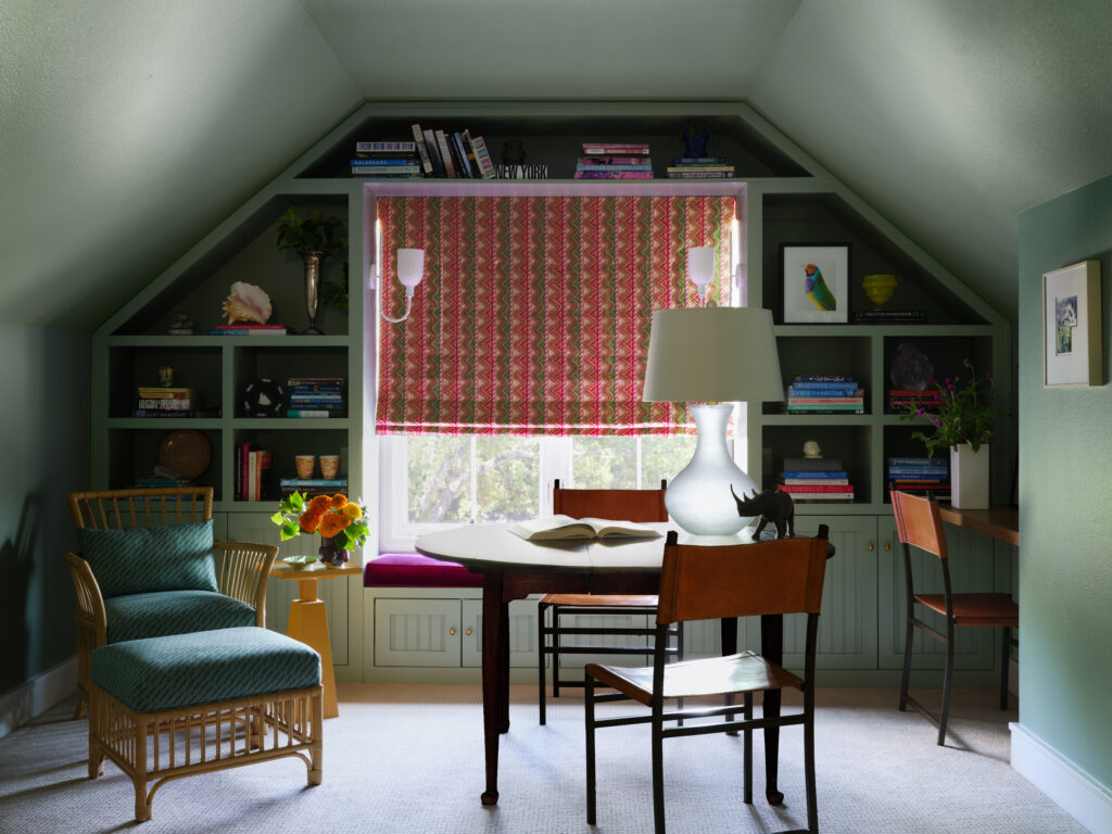 Avery Cox Design used soft green walls and pops of pink in this Pemberton Heights home office. (Photo by Lindsay Brown)