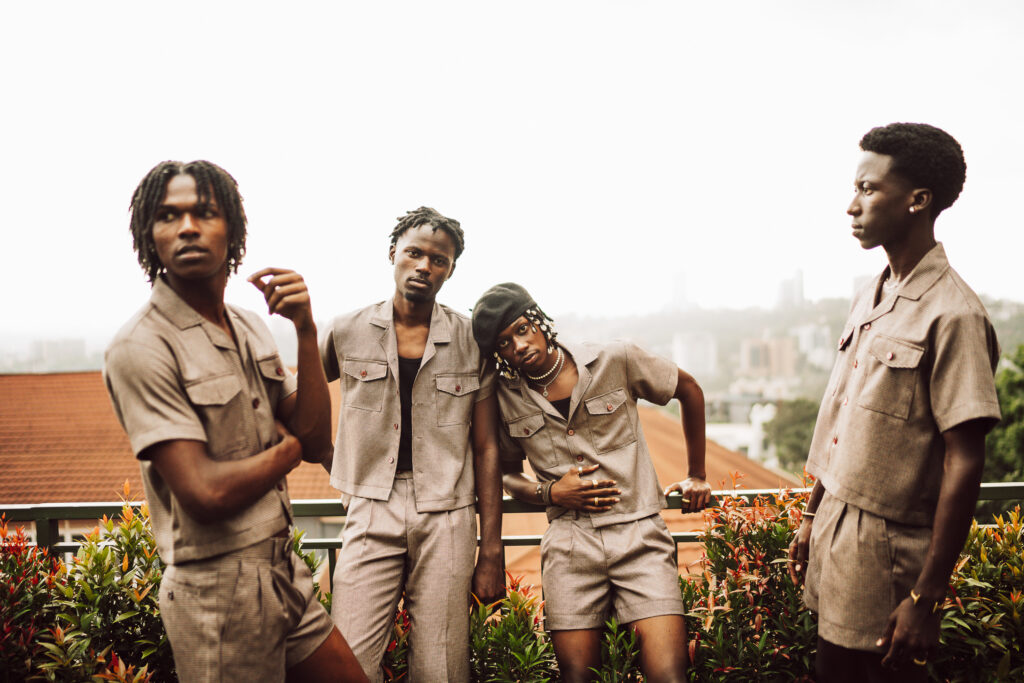 Muyinza pieces made from fabric sourced at Uganda's textile markets and sewn by hand.