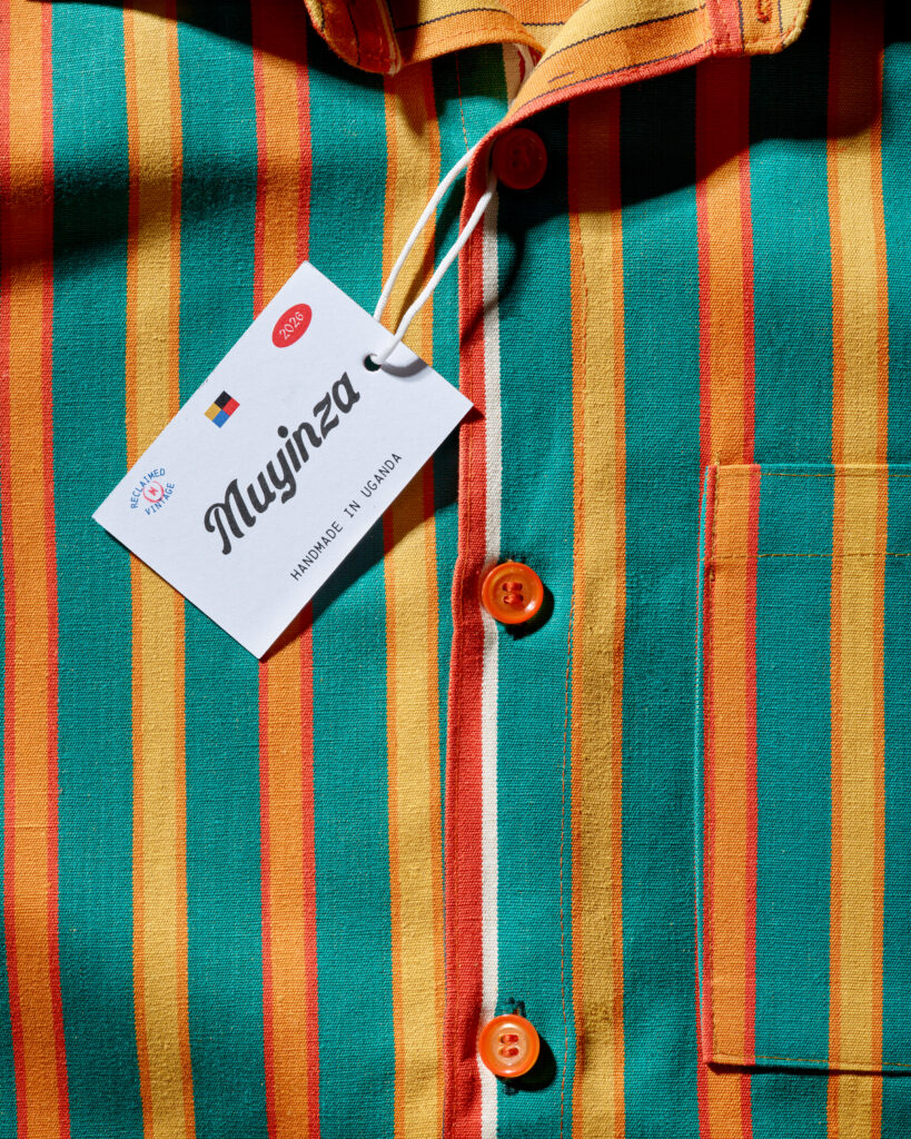Fabric sourced at Kampala's textile markets is sent to a team of local sewists before becoming a finished piece.