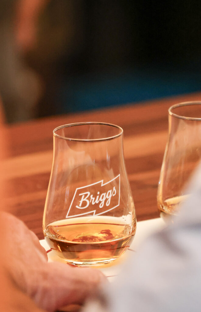 whiskey glass at Briggs Distilling Co.