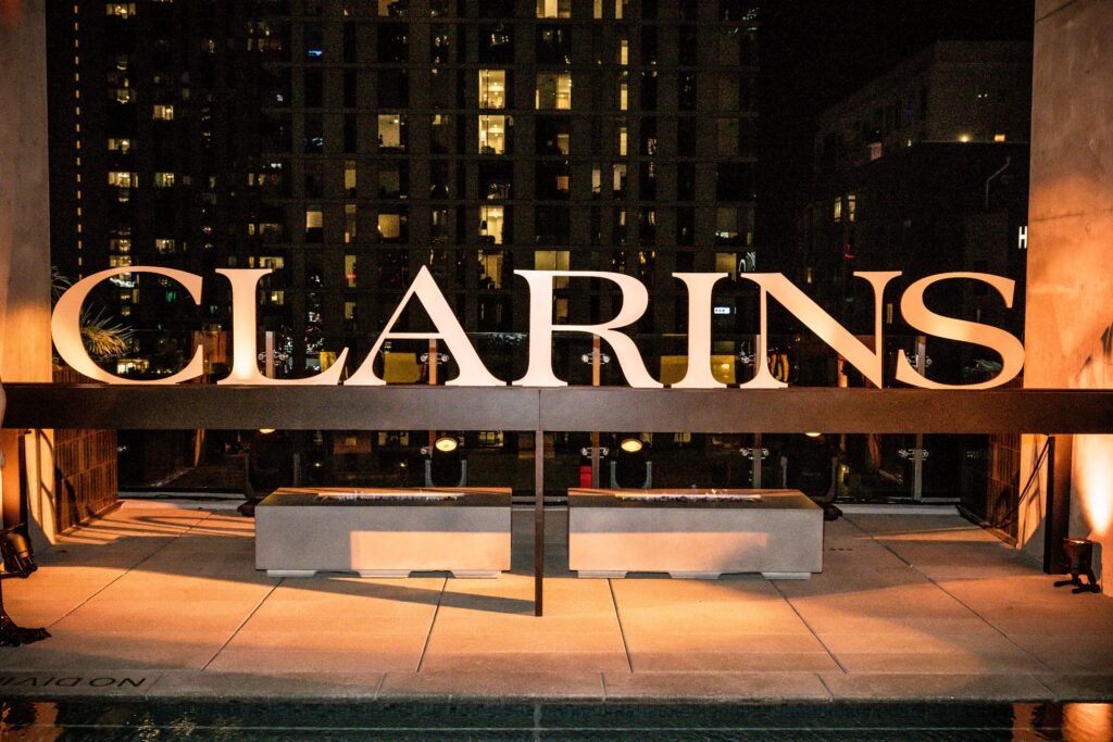General view of the atmosphere during the Clarins Lights Up the Austin Skyline with a Celebration of Skin Longevity and The Launch of Double Serum Serum Eye During Grand Prix Weekend on October 24, 2026 in Austin, Texas. (Photo by Marcus Ingram/Getty Images for Clarins)