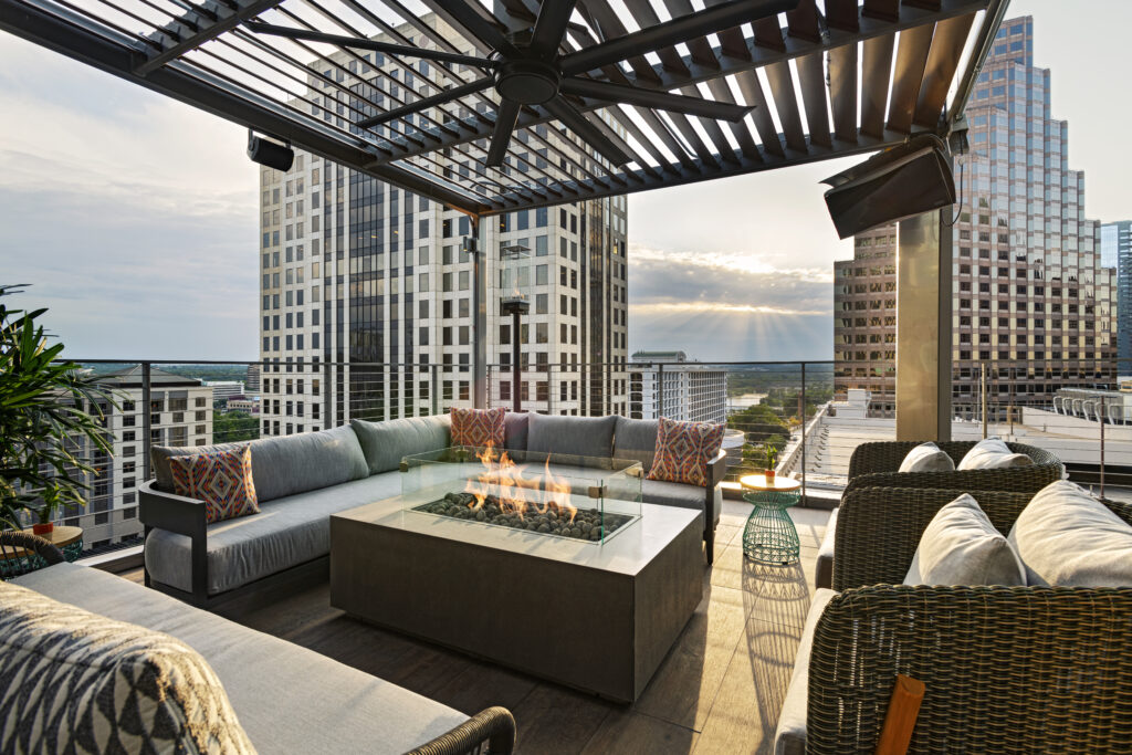 Downtown Austin views from Zanzibar’s rooftop terrace.