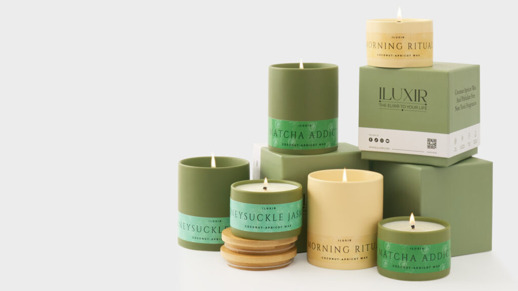 iluxir’s hand-poured candles are made with vegan coconut-apricot wax.